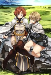 Rule 34 | 2girls, arisen (dragon&#039;s dogma), armor, bad id, bad pixiv id, bare legs, belt, blonde hair, blue eyes, boots, breastplate, breasts, cape, chainmail, circlet, cov-r, dragon&#039;s dogma, dragon&#039;s dogma (series), field, gauntlets, green eyes, horizon, knees together feet apart, large breasts, multiple girls, pawn (dragon&#039;s dogma), pointy ears, pouch, red hair, rock, short hair, sitting, sword, tabard, thigh boots, thighhighs, weapon