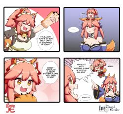 Rule 34 | 3girls, alternate costume, animal ear fluff, animal ears, animal hands, apron, attack, bare shoulders, bell, blue kimono, blue ribbon, blush, breasts, cat paws, cleavage, collar, detached sleeves, english text, engrish text, enmaided, fang, fate/extella, fate/extra, fate/extra ccc, fate/grand order, fate (series), fox ears, fox girl, fox tail, gloves, hair ribbon, highres, injury, japanese clothes, jingle bell, keita naruzawa, kimono, large breasts, long hair, looking at another, maid, maid apron, maid headdress, mini person, minigirl, multiple girls, neck bell, open mouth, paw gloves, pink hair, ponytail, ranguage, red ribbon, ribbon, speech bubble, tail, tamamo (fate), tamamo cat (fate), tamamo cat (second ascension) (fate), tamamo no mae (fate/extra), white apron, yellow eyes