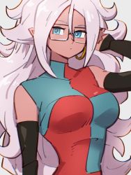 Rule 34 | android 21, blue eyes, breasts, checkered clothes, checkered dress, closed mouth, dragon ball, dragon ball fighterz, dress, earrings, glasses, grey background, hair between eyes, hoop earrings, jewelry, kemachiku, long hair, looking at viewer, majin android 21, medium breasts, pink hair, simple background, solo, upper body