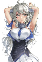 Rule 34 | 1girl, ahoge, armpits, arms behind head, blue necktie, breasts, grey eyes, hands in hair, headgear, highres, kantai collection, kokuzou, large breasts, long hair, looking at viewer, necktie, open mouth, pleated skirt, shirt, silver hair, simple background, skirt, sleeveless, sleeveless shirt, solo, washington (kancolle), white background, white shirt, white skirt