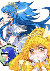 Rule 34 | 2girls, aoki reika, bar censor, blonde hair, blue eyes, blue hair, bow, censored, choker, cosplay, crossover, cure beauty, cure beauty (princess form), cure peace, cure peace (princess form), hair flaps, identity censor, kise yayoi, long hair, look-alike, magical girl, multiple girls, personification, precure, sega, simple background, smile precure!, sonic (series), sonic the hedgehog, tiara, tima, toei animation, white background, yellow bow, yellow eyes