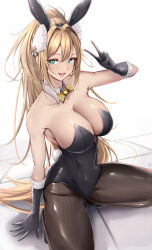 Rule 34 | 1girl, absurdres, animal ears, aqua eyes, bare shoulders, black gloves, black leotard, blonde hair, bow, bowtie, breasts, brown pantyhose, cleavage, commentary, detached collar, fake animal ears, fake tail, gloves, goddess of victory: nikke, hair intakes, highres, kneeling, large breasts, leotard, long hair, looking at viewer, official alternate costume, on floor, open mouth, pantyhose, playboy bunny, poni (poni arknights), ponytail, rabbit ears, rabbit tail, rupee (nikke), rupee (rabbit deluxe) (nikke), sideways glance, smile, solo, strapless, strapless leotard, tail, traditional bowtie, v, very long hair, white background, yellow bow, yellow bowtie