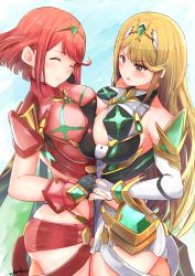 Rule 34 | 2girls, armor, bare shoulders, blonde hair, blush, breast press, breasts, chrokey, cleavage, closed eyes, dress, earrings, elbow gloves, fingerless gloves, gem, gloves, hair ornament, headpiece, jewelry, large breasts, long hair, multiple girls, mythra (xenoblade), nintendo, pyra (xenoblade), red hair, red shorts, short hair, short shorts, shorts, simple background, smile, swept bangs, tiara, white background, white dress, xenoblade chronicles (series), xenoblade chronicles 2, yellow eyes