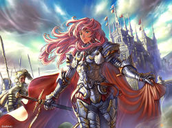 Rule 34 | arina nary, armor, cape, castle, cloud, long hair, pink hair, sky, solo, sword, weapon