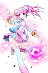 Rule 34 | 1girl, bag, ball, bell, blue eyes, blue thighhighs, bracelet, comiccho, earrings, flower, handbag, highres, jewelry, jingle bell, nari (soccer spirits), official art, open mouth, pink hair, shoes, skirt, sneakers, soccer ball, soccer spirits, solo, standing, standing on one leg, thighhighs, transparent background, twintails, wristband