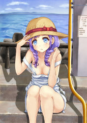 Rule 34 | 1girl, blue door, blue eyes, blush, braid, breasts, cloud, day, hair over shoulder, hand on headwear, hand to hat, hat, medium breasts, naked overalls, no bra, ocean, original, overalls, purple hair, shadow, sitting, sitting on stairs, sky, solo, stairs, strap slip, sun hat, twin braids
