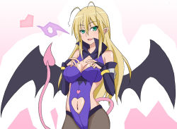 Rule 34 | 1girl, blonde hair, blush, breasts, cleavage, clothing cutout, demon girl, demon tail, demon wings, gloves, green eyes, heart, jumon, large breasts, long hair, lotte no omocha!, mercelida ygvar, mature female, naughty face, navel, navel cutout, pantyhose, pointy ears, smile, solo, tail, wings