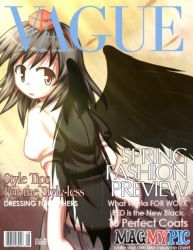 Rule 34 | 1girl, baerun, black hair, black wings, cover, english text, expressionless, female focus, hat, looking at viewer, looking back, magazine cover, open mouth, parody, red eyes, shameimaru aya, short hair, solo, tokin hat, touhou, wings