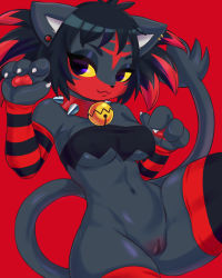 Rule 34 | 1girl, :3, animal ears, animal hands, animal nose, bandeau, bell, berry (berrycreme), black bandeau, black fur, black hair, blue eyes, body fur, bottomless, breasts, cat ears, cat girl, cat tail, claws, closed mouth, collar, colored sclera, covered erect nipples, cowboy shot, creatures (company), detached sleeves, earrings, female focus, furry, furry female, game freak, gen 7 pokemon, half-closed eyes, hands up, happy, highres, jewelry, jingle bell, litten, looking to the side, medium breasts, multicolored hair, multiple earrings, navel, neck bell, nintendo, paw pose, pawpads, personification, pokemon, pussy, red background, red fur, red hair, red sleeves, short hair, sidelocks, simple background, smile, solo, spiked collar, spikes, stomach, striped sleeves, tail, thick thighs, thighhighs, thighs, two-tone fur, two-tone hair, uncensored, underboob, yellow sclera