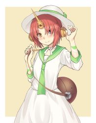 Rule 34 | 1girl, arm up, bad id, bad pixiv id, bag, beige background, blue eyes, blush, closed mouth, commentary request, dress, fate/grand order, fate (series), frankenstein&#039;s monster (fate), green sailor collar, hair over one eye, hat, head tilt, heterochromia, highres, horns, long sleeves, mizoredama, official alternate costume, red hair, sailor collar, sailor dress, short hair, shoulder bag, single horn, smile, solo, sun hat, two-tone background, white background, white dress, white hat, yellow eyes
