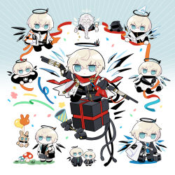 Rule 34 | 2boys, arknights, balloon, black pants, blonde hair, blue background, blue eyes, blue necktie, character request, chibi, choshanland plushy (arknights), commentary request, confetti, crossed bangs, cube, executor (arknights), executor (titleless code) (arknights), executor the ex foedere (arknights), full body, gradient background, gun, halo, highres, holding, holding gun, holding weapon, innertube, jacket, male focus, multiple boys, multiple views, mushroom, necktie, pants, party popper, red scarf, scarf, short hair, soppos, swim ring, weapon, white background, white jacket, wings