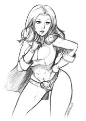 Rule 34 | 1girl, artist request, belt, bleach, breasts, cape, cleavage, cleavage cutout, clothing cutout, cosplay, crossover, dc comics, female focus, gloves, greyscale, highres, matsumoto rangiku, mole, monochrome, power girl, power girl (cosplay), sketch, solo