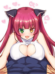 Rule 34 | 1boy, 1girl, :d, bad id, bad pixiv id, bare shoulders, black ribbon, blue shirt, blunt bangs, blush, breasts, cleavage, cleavage cutout, clothing cutout, colored eyelashes, fang, green eyes, hair ribbon, heart, heart cutout, heterochromia, highres, large breasts, long hair, looking at viewer, mismatched eyelashes, nachisuke, open mouth, original, red hair, ribbon, shirt, simple background, sleeveless, sleeveless shirt, smile, twintails, upper body, white background, white shirt, yellow eyes