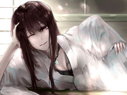 Rule 34 | 1girl, alternate costume, arm support, bad id, bad pixiv id, breasts, brown eyes, brown hair, cleavage, fate/grand order, fate (series), hair between eyes, hand on own hip, highres, japanese clothes, jewelry, kimono, licking lips, long hair, looking at viewer, lying, magatama, magatama necklace, medium breasts, necklace, oda nobunaga (fate), oda nobunaga (koha-ace), on back, one eye closed, pikouros4869, smile, solo, tongue, tongue out, wooden floor, yukata