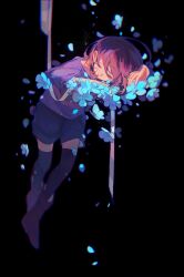Rule 34 | 1other, bandaged arm, bandages, black background, black thighhighs, blue flower, blue shorts, boots, brown footwear, brown hair, closed eyes, fingernails, flower, frisk (undertale), hair between eyes, hands up, highres, lazy kun, long sleeves, lying, petals, purple sweater, short hair, shorts, simple background, sleeping, solo, striped clothes, striped sweater, sweater, teeth, thighhighs, undertale, wide sleeves