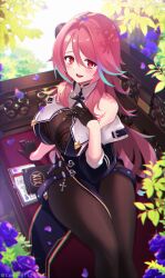 Rule 34 | 1girl, absurdres, black gloves, book, breasts, brown pantyhose, cawang, day, gloves, highres, indie virtual youtuber, large breasts, leaf, long hair, looking at viewer, open book, open mouth, outdoors, pantyhose, pink eyes, pink hair, rosetta (vtuber), sidelocks, sitting, smile, solo, teeth, upper teeth only