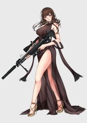 Rule 34 | 1girl, absurdres, anti-materiel rifle, armlet, assault rifle, bare legs, bare shoulders, blast compensator, bolt-action rifle, bolt action, breasts, brown hair, bullpup, choker, cleavage, commentary, compensator, dress, dsr-50, dsr-50 (girls&#039; frontline), dsr-50 (highest bid) (girls&#039; frontline), full body, girls&#039; frontline, grey background, gun, high heels, highres, holding, holding weapon, jewelry, kizuchi r, large breasts, long hair, looking at viewer, muzzle device, necklace, official alternate costume, red eyes, rifle, side slit, signature, sniper rifle, solo, suppressor, very long hair, weapon