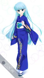 Rule 34 | 1girl, :d, blue eyes, blue hair, blue kimono, blunt bangs, character name, copyright name, floating hair, full body, highres, inaba shiki, japanese clothes, kimono, long hair, long sleeves, looking at viewer, magic knight rayearth, mole, mole under eye, open mouth, ryuuzaki umi, smile, solo, standing, straight hair, tabi, very long hair, white background, white legwear, wide sleeves