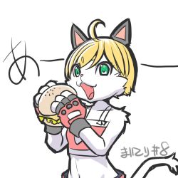 Rule 34 | artist request, blonde hair, cat, eating, food, furry, green eyes, burger, highres, open mouth, paper man, short hair