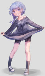 Rule 34 | 1girl, absurdres, curtsey, dress, female focus, full body, grey background, highres, jewelry, kantai collection, leaning to the side, light purple hair, logiclr, looking at viewer, minazuki (kancolle), necklace, off-shoulder dress, off shoulder, shoes, short hair with long locks, shorts under dress, simple background, socks, solo, standing