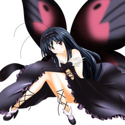 Rule 34 | 10s, 1girl, accel world, adosan, antenna hair, bad id, bad pixiv id, black hair, blush, butterfly wings, dress, elbow gloves, frills, gloves, hairband, insect wings, knees together feet apart, kuroyukihime, long hair, mikuri ouda, red eyes, sitting, smile, solo, wings