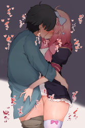 Rule 34 | 1boy, 1girl, black coat, black hair, blue bow, blue shirt, blush, bottomless, bow, bowtie, brown pants, chieru (princess connect!), clothes pull, coat, cowboy shot, from side, hair bow, hair ornament, hetero, highres, implied sex, kiss, long sleeves, narusan beam2, open clothes, open coat, pants, pants pull, pink bow, pink hair, pink neckwear, princess connect!, sex, shirt, short hair, short sleeves, sleeves rolled up, standing, standing missionary, standing sex, star (symbol), star hair ornament, sweat, thighhighs, two-tone background, white shirt, white thighhighs