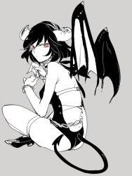 Rule 34 | 1girl, bad id, bad pixiv id, demon girl, from behind, grey background, horns, kiguchiko, looking at viewer, looking back, monochrome, short hair, simple background, sitting, solo, tail, wings