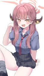 Rule 34 | 1girl, :d, arm support, aru (blue archive), black footwear, black skirt, blue archive, blush, breasts, brown eyes, brown hair, collarbone, collared shirt, commentary request, feet out of frame, grey shirt, grey socks, halo, hand up, highres, horns, loafers, long hair, looking at viewer, medium breasts, necktie, open mouth, pleated skirt, red necktie, shaka (staito0515), shirt, shoes, simple background, skirt, smile, sock pull, socks, solo, sweat, very long hair, white background