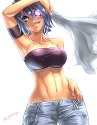 Rule 34 | 10s, 1girl, arm up, armband, armpits, bandeau, bare shoulders, bikini tan, breasts, clenched teeth, collarbone, eyepatch, female focus, grin, hair between eyes, hand on own hip, kantai collection, large breasts, lips, looking at viewer, midriff, naughty face, navel, neck, noguruma, pants, purple hair, short hair, simple background, smile, solo, strapless, tan, tanline, teeth, tenryuu (kancolle), tube top, unbuttoned, white background, yellow eyes