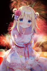 Rule 34 | 1girl, aerial fireworks, ahoge, arms behind back, blonde hair, blue eyes, blurry, blurry background, blush, bow, closed mouth, commentary request, depth of field, double bun, fireworks, flower, hair bun, hair flower, hair ornament, japanese clothes, kimono, kimono skirt, looking at viewer, multicolored hair, night, obi, original, outdoors, pan (mimi), pink kimono, purple bow, purple hair, red bow, red flower, sash, smile, solo, two-tone hair, white flower