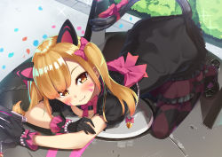 Rule 34 | 1girl, :3, all fours, animal ears, argyle, argyle clothes, argyle legwear, bead bracelet, beads, black cat d.va, black dress, black footwear, black gloves, blonde hair, blush, bow, bowtie, bracelet, breast press, breasts, brown eyes, bush, cat ears, charm (object), confetti, d.va (overwatch), day, dress, facepaint, facial mark, fake tail, frilled dress, frilled skirt, frills, from above, full body, gloves, gothic lolita, gun, hair bow, handgun, haru to neru (act partner), heart, highres, holding, holding gun, holding weapon, jewelry, lolita fashion, looking at viewer, looking to the side, mecha, medium breasts, medium hair, meka (overwatch), official alternate costume, outdoors, overwatch, overwatch 1, pantyhose, pink bow, pistol, puffy short sleeves, puffy sleeves, purple skirt, road, robot, shoes, short sleeves, skirt, smile, solo, sparkle, tail, tail bow, tail ornament, tri tails, twintails, weapon, whisker markings