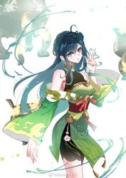 Rule 34 | 1girl, bell, black hair, breasts, cauldron, cover, cover page, detached sleeves, douluo dalu, dress, green dress, green eyes, hei zhi shi, long hair, medium breasts, official art, open mouth, ribbon, side ponytail, solo, third-party source, upper body, white background, xiao xiao (douluo dalu)
