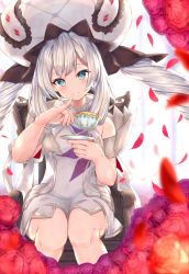 Rule 34 | 1girl, bare arms, blue eyes, blurry, blurry foreground, blush, breasts, chair, commentary request, cup, depth of field, dress, fate/grand order, fate (series), flower, hat, head tilt, highres, holding, holding cup, long hair, looking at viewer, marie antoinette (fate), marie antoinette (third ascension) (fate), mishuo (misuo69421), parted lips, petals, pinky out, purple flower, purple rose, red flower, red rose, rose, saucer, silver hair, sitting, small breasts, smile, solo, teacup, twintails, very long hair, white dress, white hat