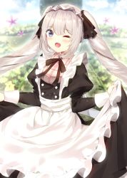 Rule 34 | 1girl, 7 calpis 7, ;d, alternate costume, apron, black dress, black ribbon, blue eyes, bow, bowtie, cowboy shot, dress, enmaided, fate/grand order, fate (series), flower, frilled apron, frills, hair ribbon, highres, long hair, looking at viewer, maid, maid headdress, marie antoinette (animejapan 2016) (fate), marie antoinette (fate), official alternate costume, one eye closed, open mouth, ribbon, signature, skirt hold, smile, solo, twintails, white apron, white hair