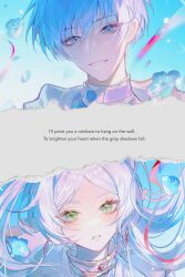 Rule 34 | 1boy, 1girl, absurdres, bishounen, blue hair, capelet, commentary, commentary request, day, earrings, elf, english commentary, falling petals, frieren, green eyes, grey hair, highres, himmel (sousou no frieren), jewelry, long hair, long sleeves, looking at viewer, male focus, mixed-language commentary, parted bangs, petals, pointy ears, short hair, smile, sousou no frieren, twintails, upper body, white capelet, white hair, zhumojian