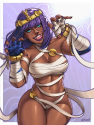 Rule 34 | 1girl, alternate costume, bandages, blunt bangs, bob cut, breasts, circlet, claw pose, contrapposto, curvy, dark-skinned female, dark skin, egyptian, egyptian clothes, eyeshadow, fingerless gloves, gloves, green eyes, jewelry, large breasts, linea alba, looking at viewer, makeup, menat, mootium, mummy costume, naked bandage, narrow waist, navel, official alternate costume, paw pose, purple hair, purple lips, revealing clothes, shiny skin, short hair, skindentation, smile, solo, street fighter, street fighter v, thick thighs, thigh gap, thighs, wide hips