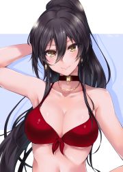 Rule 34 | 1girl, arm up, armpits, bare shoulders, bikini, black hair, blue background, breasts, choker, cleavage, collarbone, commentary request, earrings, hair between eyes, high ponytail, highres, idolmaster, idolmaster shiny colors, jewelry, large breasts, looking at viewer, navel, necklace, paopao, red bikini, shirase sakuya, solo, string bikini, swimsuit, upper body, white background, yellow eyes