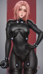 Rule 34 | 1girl, artist name, black bodysuit, blush, bodysuit, breasts, chloe (sciamano240), closed mouth, commentary, cowboy shot, dated, english commentary, eyelashes, freckles, gantz, gantz suit, hand on own hip, highres, holding, holding sword, holding weapon, large breasts, legs apart, lips, long hair, looking at viewer, original, parted bangs, pink hair, red eyes, sciamano240, signature, skin tight, solo, standing, sword, taut bodysuit, thigh strap, weapon