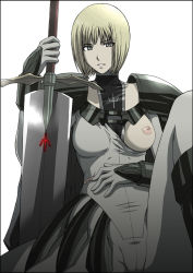 Rule 34 | 00s, 1girl, armor, blonde hair, blood, breast slip, breasts, clare (claymore), claymore (series), claymore (sword), gloves, grey eyes, kitahara aki, large breasts, nipples, no bra, one breast out, scratches, short hair, solo, sword, torn clothes, weapon