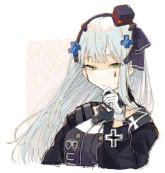 Rule 34 | 1girl, aaoshigatoutoi, black bow, black hairband, black jacket, blue hair, bow, character name, closed mouth, commentary request, cross, cross hair ornament, detached collar, expressionless, girls&#039; frontline, gloves, greek cross, green eyes, hair bow, hair ornament, hairband, hand on own chin, hand up, highres, hk416 (girls&#039; frontline), hk416 (mod3) (girls&#039; frontline), jacket, light blush, long hair, long sleeves, looking at viewer, official alternate costume, solo, teardrop tattoo, upper body, white gloves