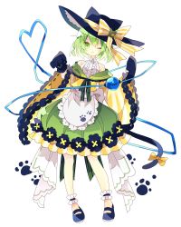Rule 34 | 1girl, :3, adapted costume, animal hands, ankle cuffs, blue footwear, bow, cat tail, commentary request, full body, gloves, green eyes, green hair, hat, hat bow, heart, heart of string, highres, komeiji koishi, looking at viewer, nikorashi-ka, one eye closed, paw gloves, paw print, paw print background, solo, standing, tail, tail bow, tail ornament, third eye, touhou, white background