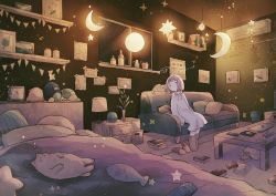 Rule 34 | 1girl, absurdres, bed, boots, brown hair, cat, closed eyes, closed mouth, couch, crescent moon, highres, hood, hoodie, huge filesize, indoors, long sleeves, mokunoki, moon, night, original, oversized clothes, sleeves past wrists, slippers, solo, star (sky), star (symbol), stuffed animal, stuffed toy, unworn slippers, window