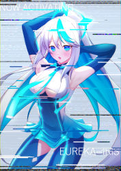 Rule 34 | 1girl, :o, absurdres, armpits, arms behind head, arms up, blue dress, blue eyes, blue gloves, blue hair, blue pants, breasts, character name, clothing cutout, cocoablue23, cowboy shot, dress, elbow gloves, eureka iris, glitch, gloves, highres, large breasts, liver city, long hair, looking at viewer, multicolored hair, necktie, open mouth, pants, ponytail, short dress, sleeveless, sleeveless dress, solo, thigh cutout, two-tone dress, two-tone hair, underboob, underboob cutout, very long hair, virtual youtuber, white hair