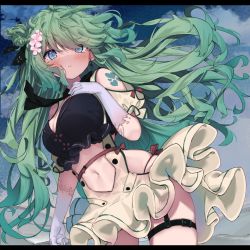 Rule 34 | + +, 1girl, black necktie, black shirt, blush, breasts, closed mouth, clothing cutout, cloud, commentary request, crop top, curly hair, earrings, eip (pepai), floating hair, flower, frilled skirt, frills, gloves, green hair, hair flower, hair ornament, hand on own chest, hand up, heart, heart tattoo, highres, hip vent, jewelry, large breasts, long hair, looking at viewer, mole, mole under eye, navel, navel cutout, necktie, neckwear lift, original, outdoors, panties, pink flower, red panties, shirt, shoulder cutout, shoulder tattoo, side-tie panties, skirt, solo, standing, tattoo, tearing up, thigh strap, underwear, very long hair, white gloves, wind