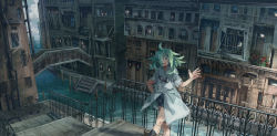 Rule 34 | 1girl, ahoge, architecture, bad id, bad pixiv id, boots, bridge, canal, city, green hair, hair over one eye, hand on own hip, highres, horn (instrument), ironwork, jacket, kneehighs, looking at viewer, messy hair, open mouth, orange eyes, original, railing, shichigatsu, short sleeves, shorts, sketch, smile, socks, solo, waving, white jacket