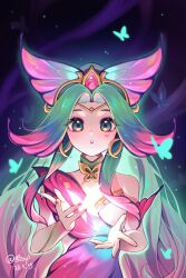 Rule 34 | 1girl, bare shoulders, blonde hair, breasts, dated, detached sleeves, dress, gem, green eyes, green hair, hair ornament, highres, league of legends, long hair, medium breasts, nail polish, parted bangs, parted lips, pink dress, pink hair, pink nails, seraphine (league of legends), signature, single bare shoulder, smile, solo, star (symbol), star guardian (league of legends), star guardian seraphine, starry background, teeth, xi ye (xiyexiexie)