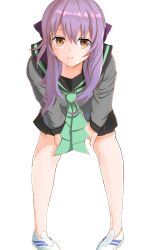 Rule 34 | 10s, 1girl, absurdres, brown eyes, highres, hiiragi shinoa, ituka (turbo 510ry), looking at viewer, owari no seraph, purple hair, ribbon, school uniform, shoes, simple background, skirt, solo, white background