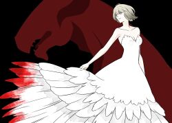 Rule 34 | 1girl, adapted costume, arm at side, bare arms, bare shoulders, black background, blood, blood on clothes, breasts, chinese commentary, cleavage, closed mouth, dragon, dress, dungeon meshi, falin touden, falin touden (tallman), feather-trimmed dress, feet out of frame, floating hair, grey hair, highres, irithyll8157351, looking back, medium breasts, outstretched arm, short hair, silhouette, skirt hold, smile, standing, strapless, strapless dress, western dragon, yellow eyes