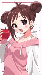 Rule 34 | 1girl, alternate hairstyle, antenna hair, apple, blush, blush stickers, breasts, brown hair, collarbone, double bun, earrings, food, fruit, hair bun, halterneck, heart, heart earrings, highres, holding, holding food, holding fruit, idolmaster, idolmaster cinderella girls, jewelry, looking at viewer, off-shoulder shirt, off shoulder, shirt, simple background, single sidelock, small breasts, smile, solo, sukoyaka (100hituzi), tsujino akari, two-tone shirt, upper body