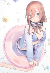 Rule 34 | 1girl, 6u (eternal land), bare legs, bare shoulders, barefoot, bikini, bikini skirt, blue bikini, blue eyes, blue jacket, breasts, brown hair, cleavage, closed mouth, commentary request, flower, go-toubun no hanayome, goggles, goggles around neck, hair between eyes, innertube, jacket, kneeling, large breasts, long hair, long sleeves, looking at viewer, nakano miku, off shoulder, open clothes, open jacket, petals, purple flower, smile, solo, swim ring, swimsuit, thighs, water drop, yellow flower